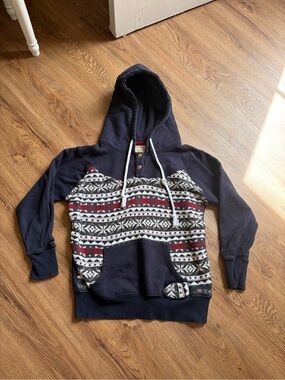 ❄️ Thursday Island Navy Fair Isle Knit Inset Button Hoodie Sweatshirt US S/KR 66